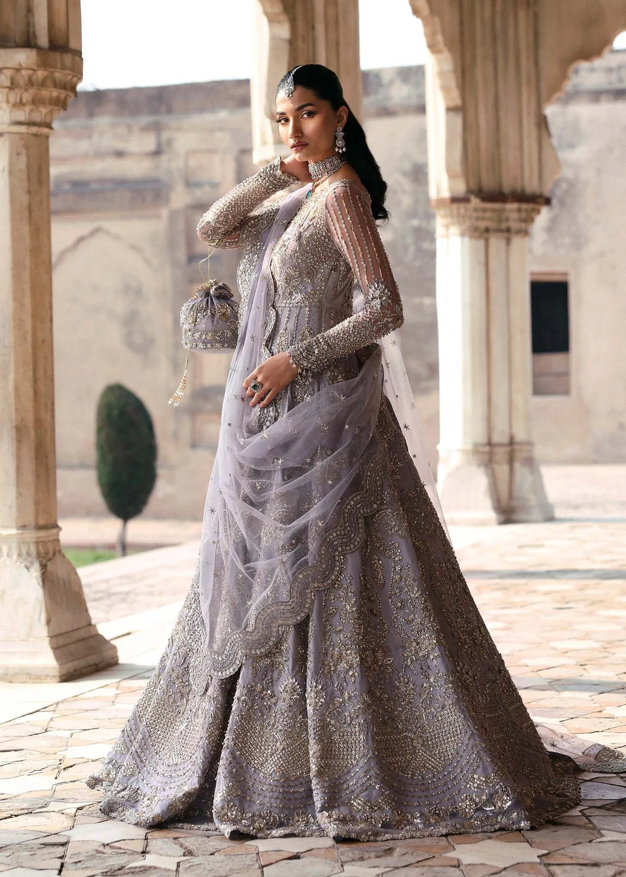 Light lavender Raniyat bridal dress with hand‑embroidered organza and net detailing – view 7 – Poshaq