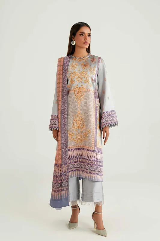 Silver gray silk long shirt with subtle sheen – view 1 – Poshaq