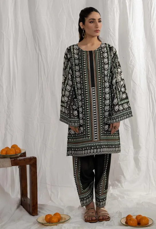 black satin shirt and lawn trouser set – Co-Ord 2 – view 1 – Poshaq