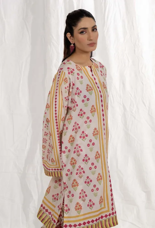 Off‑white satin top with lawn trouser – casual set – view 1 – Poshaq