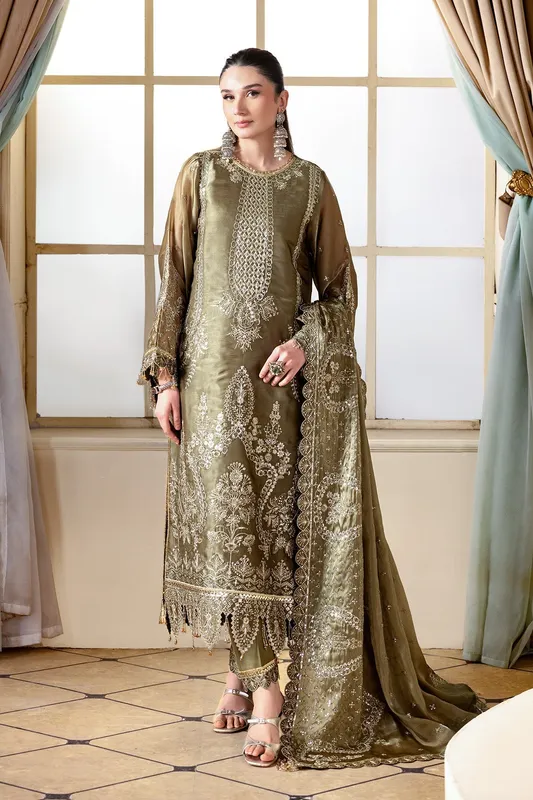 Dull gold silk long shirt with dupatta and trouser – view 1 – Poshaq