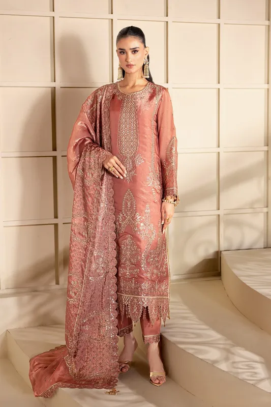 Peach pink raw silk long shirt with matching dupatta – view 1 – Poshaq