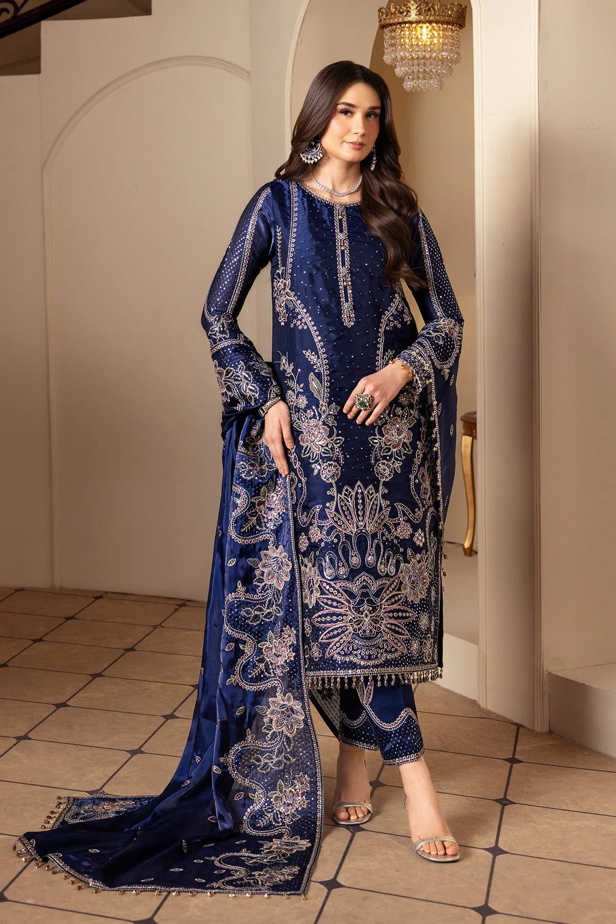 Dark blue silk long shirt with subtle embroidery – view 1 – Poshaq