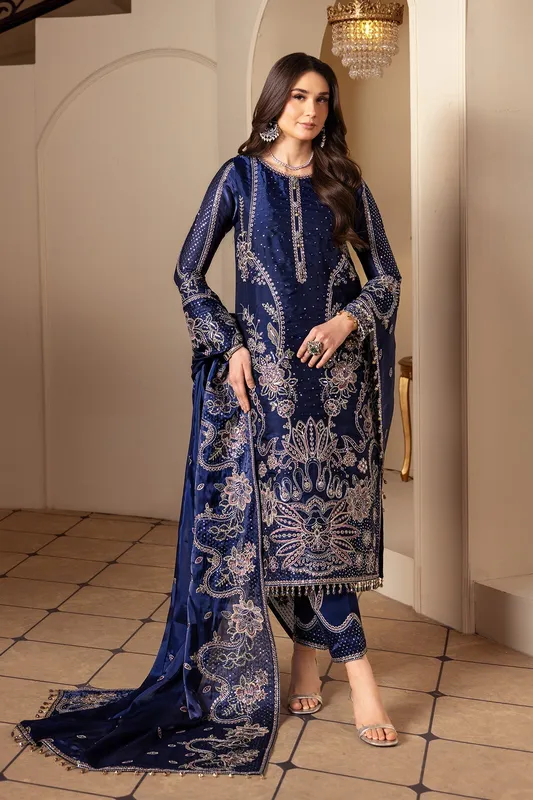 Dark blue silk long shirt with subtle embroidery – view 1 – Poshaq