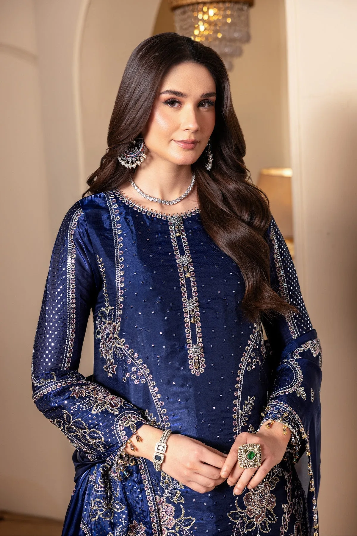 Dark blue silk long shirt with subtle embroidery – view 3 – Poshaq