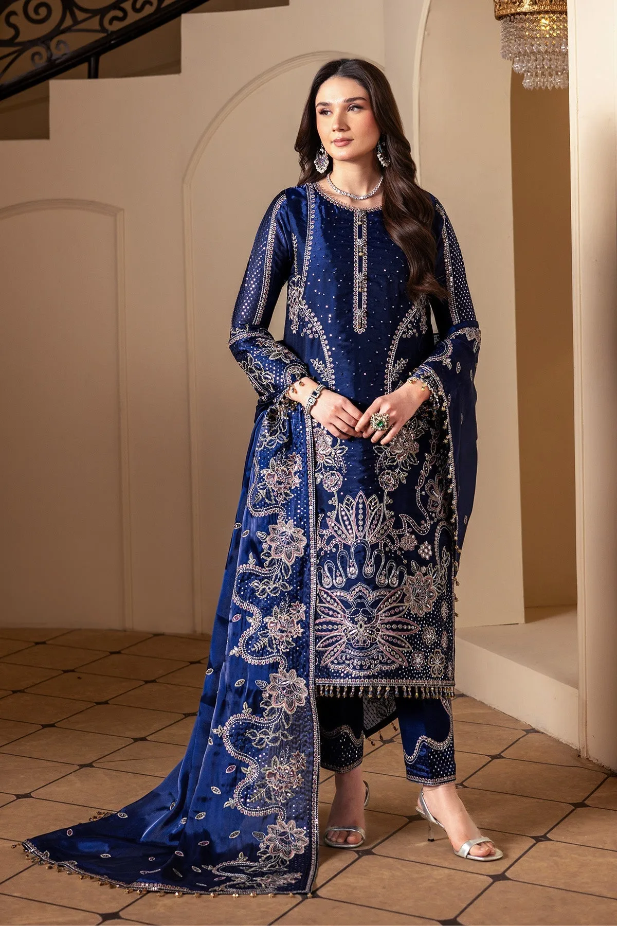 Dark blue silk long shirt with subtle embroidery – view 5 – Poshaq