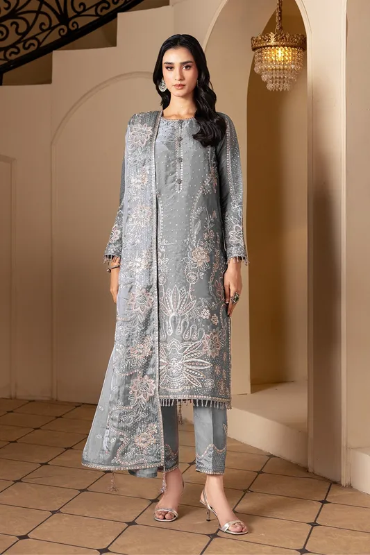 Light grey silk long shirt with Kundan detailing – view 1 – Poshaq