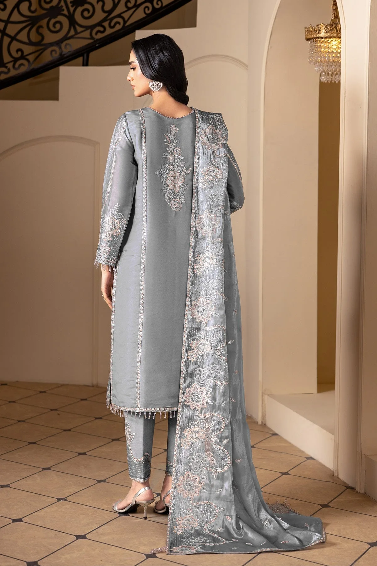 Light grey silk long shirt with Kundan detailing – view 2 – Poshaq
