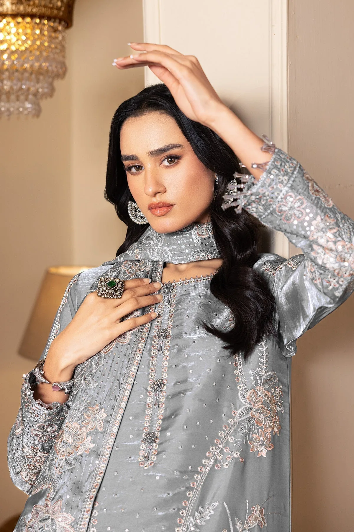 Light grey silk long shirt with Kundan detailing – view 3 – Poshaq