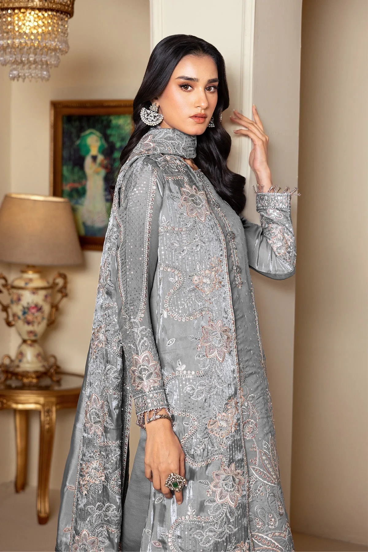Light grey silk long shirt with Kundan detailing – view 5 – Poshaq
