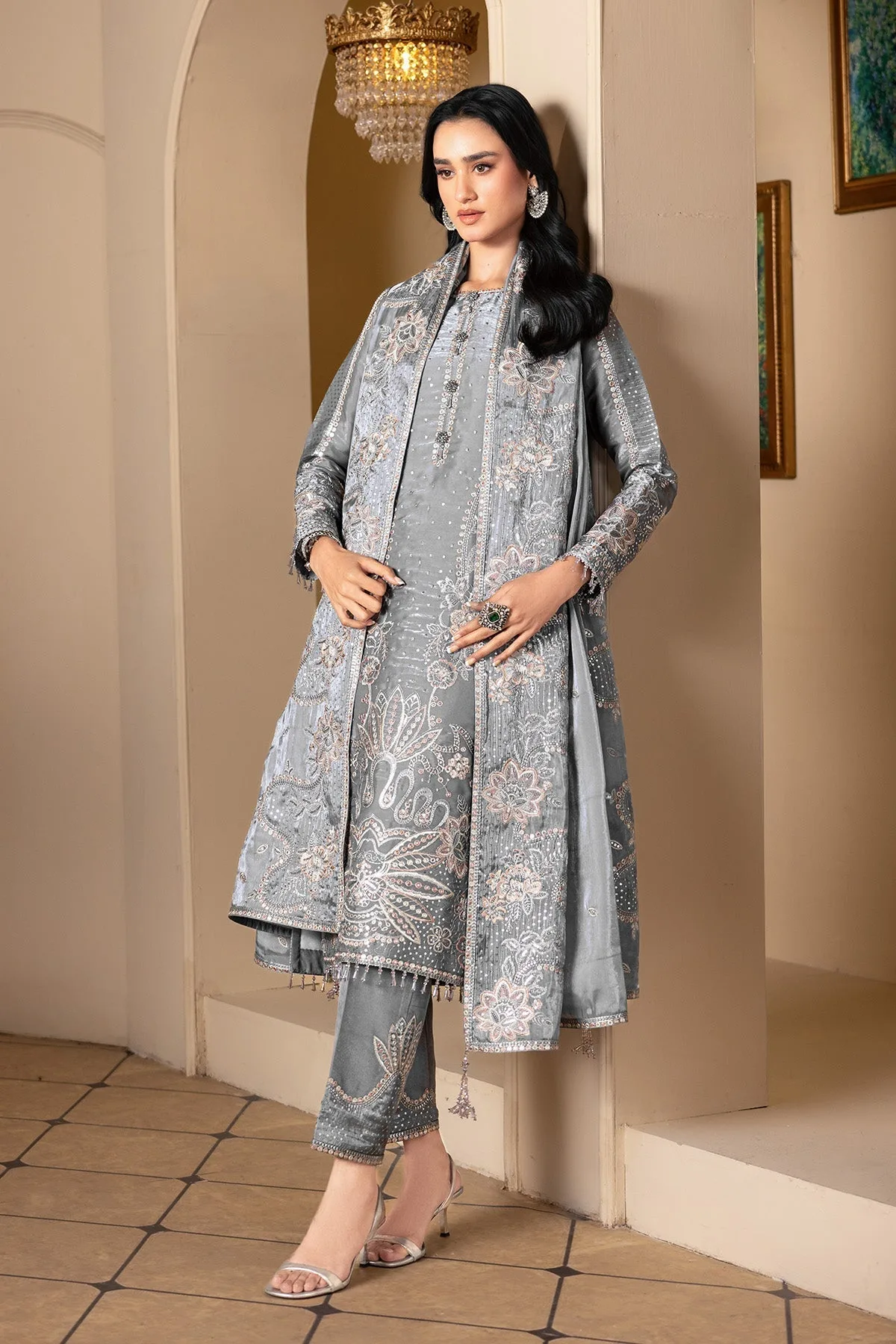 Light grey silk long shirt with Kundan detailing – view 6 – Poshaq