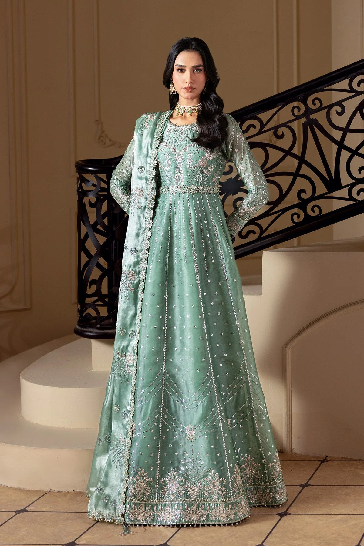 Sea green silk suit with embroidered dupatta and matching trousers – view 1 – Poshaq