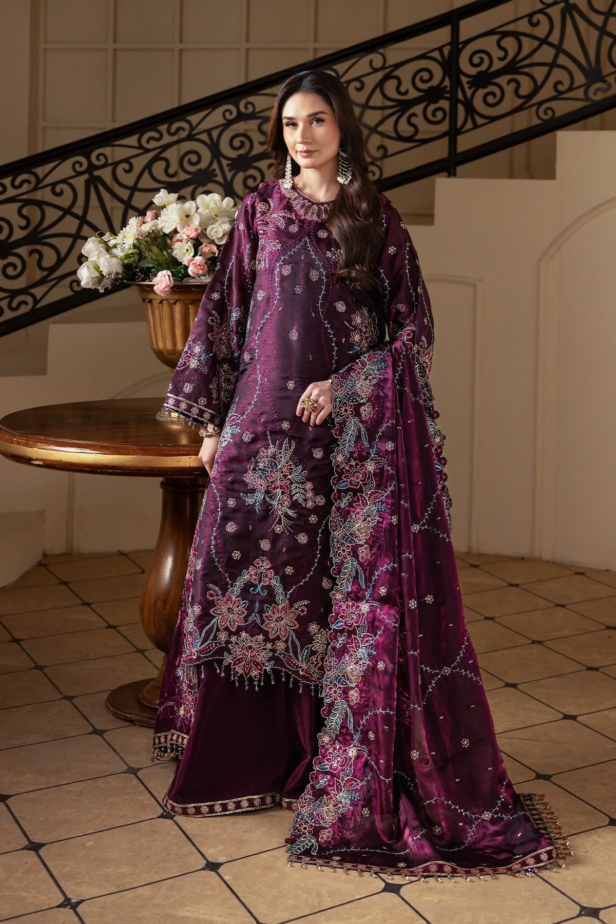 plum silk long shirt with elegant design – view 1 – Poshaq