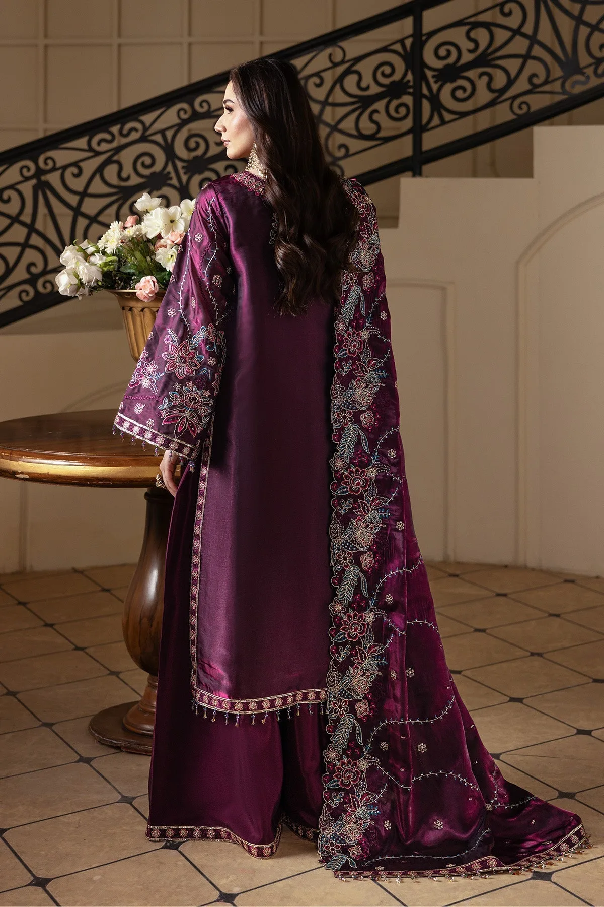 plum silk long shirt with elegant design – view 2 – Poshaq