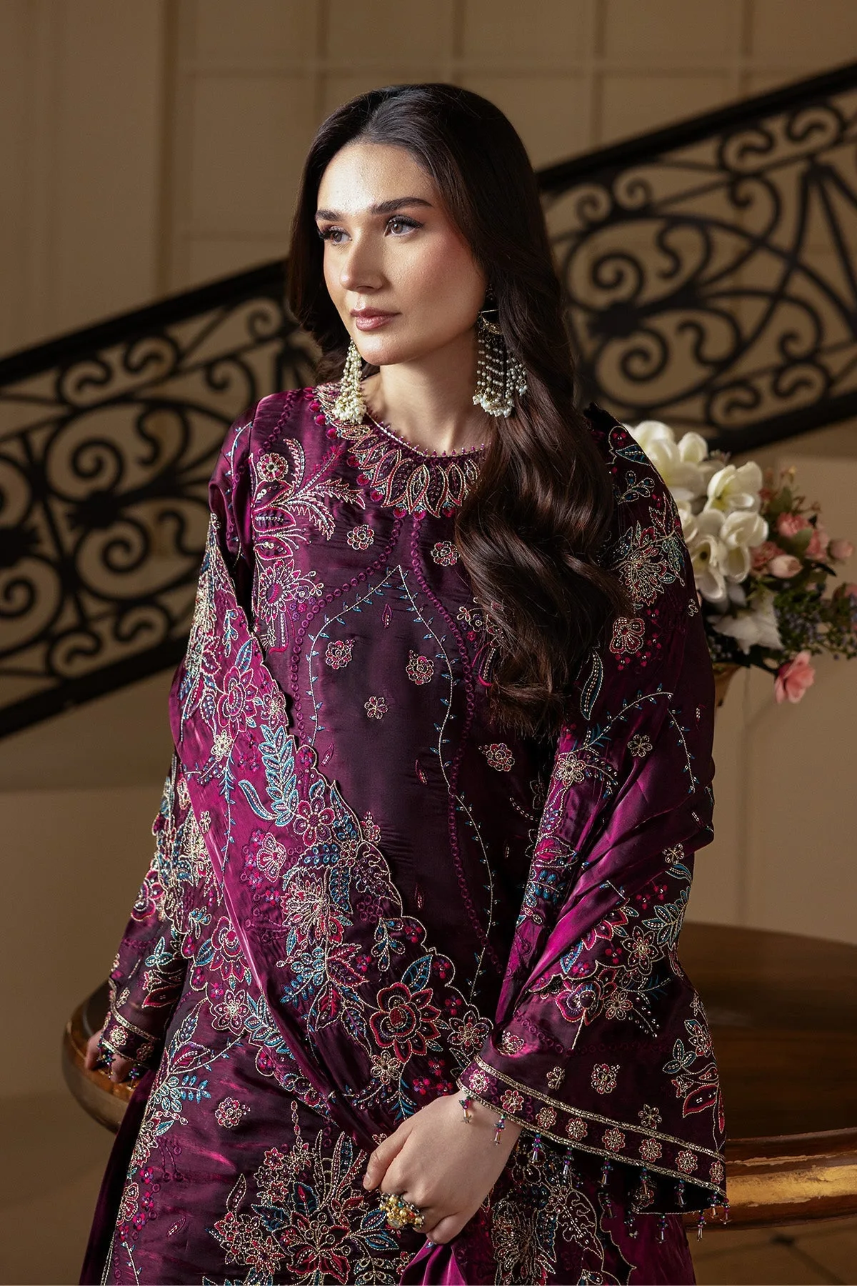 plum silk long shirt with elegant design – view 3 – Poshaq
