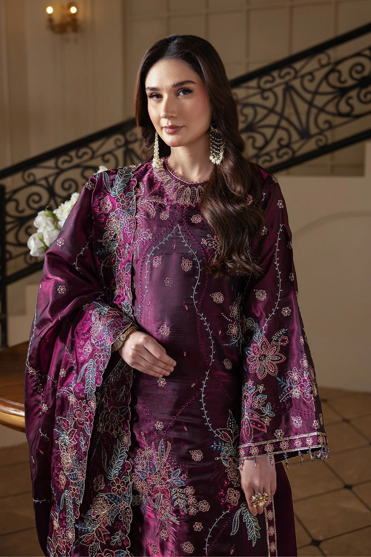 plum silk long shirt with elegant design – view 4 – Poshaq