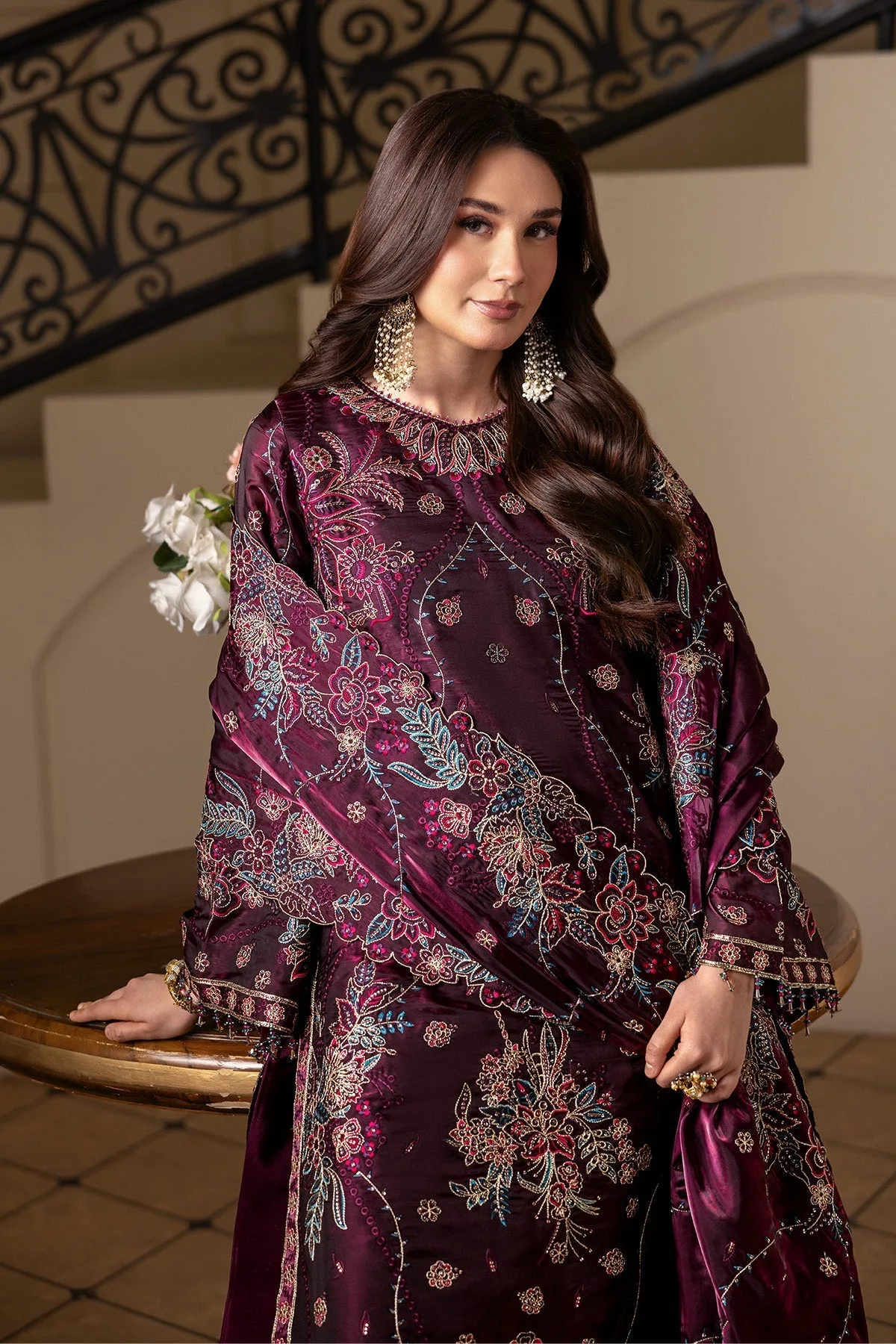plum silk long shirt with elegant design – view 5 – Poshaq
