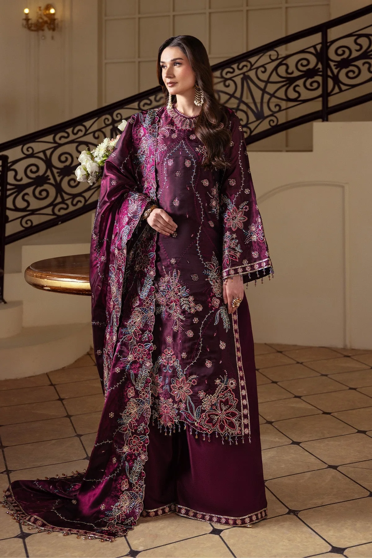 plum silk long shirt with elegant design – view 6 – Poshaq