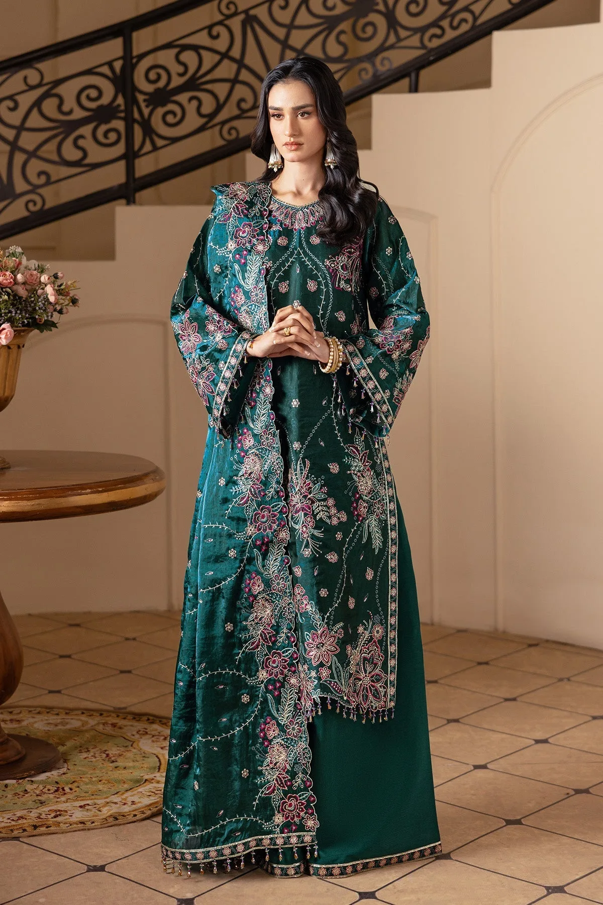 Teal green silk long shirt with subtle embroidery – view 1 – Poshaq