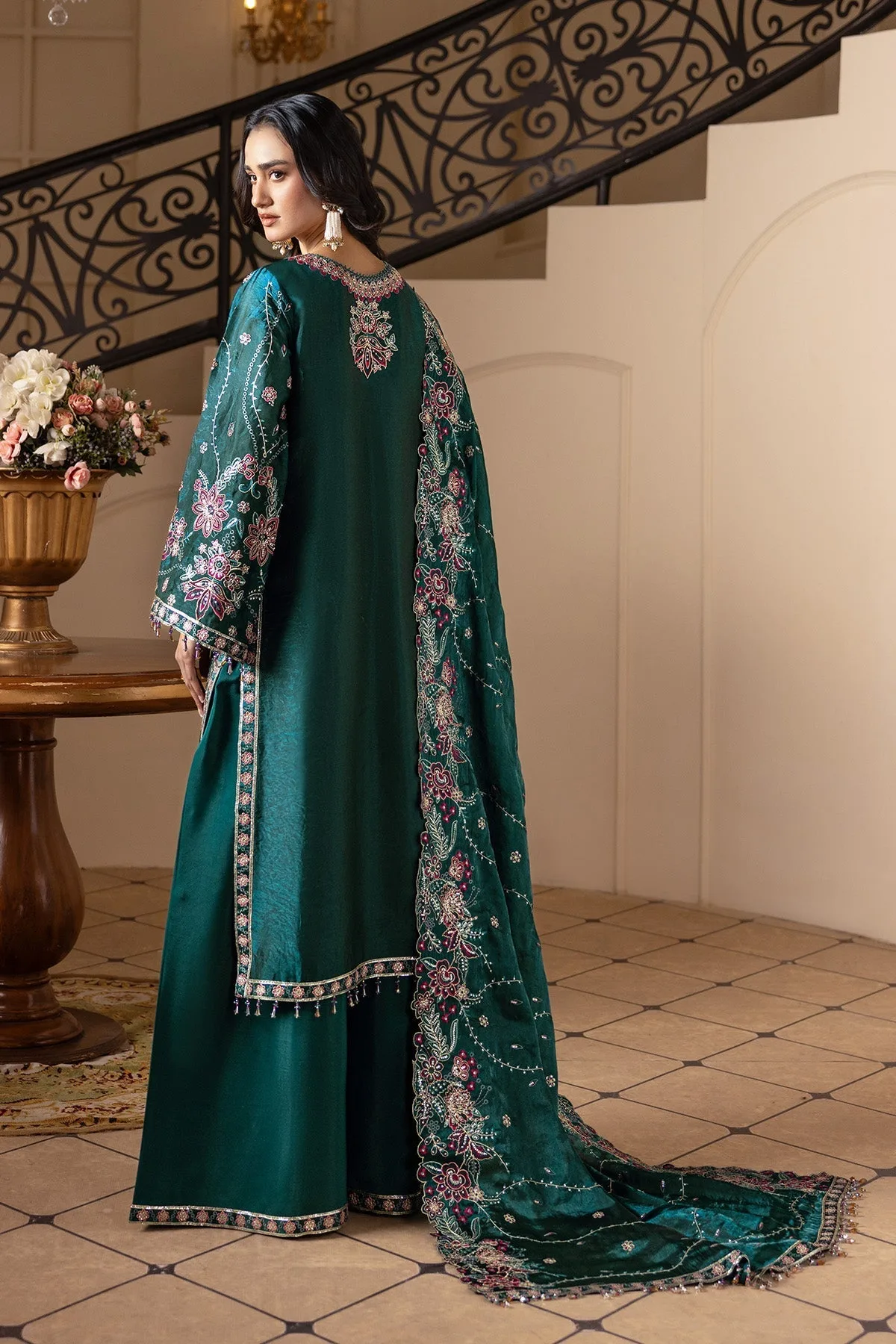 Teal green silk long shirt with subtle embroidery – view 2 – Poshaq