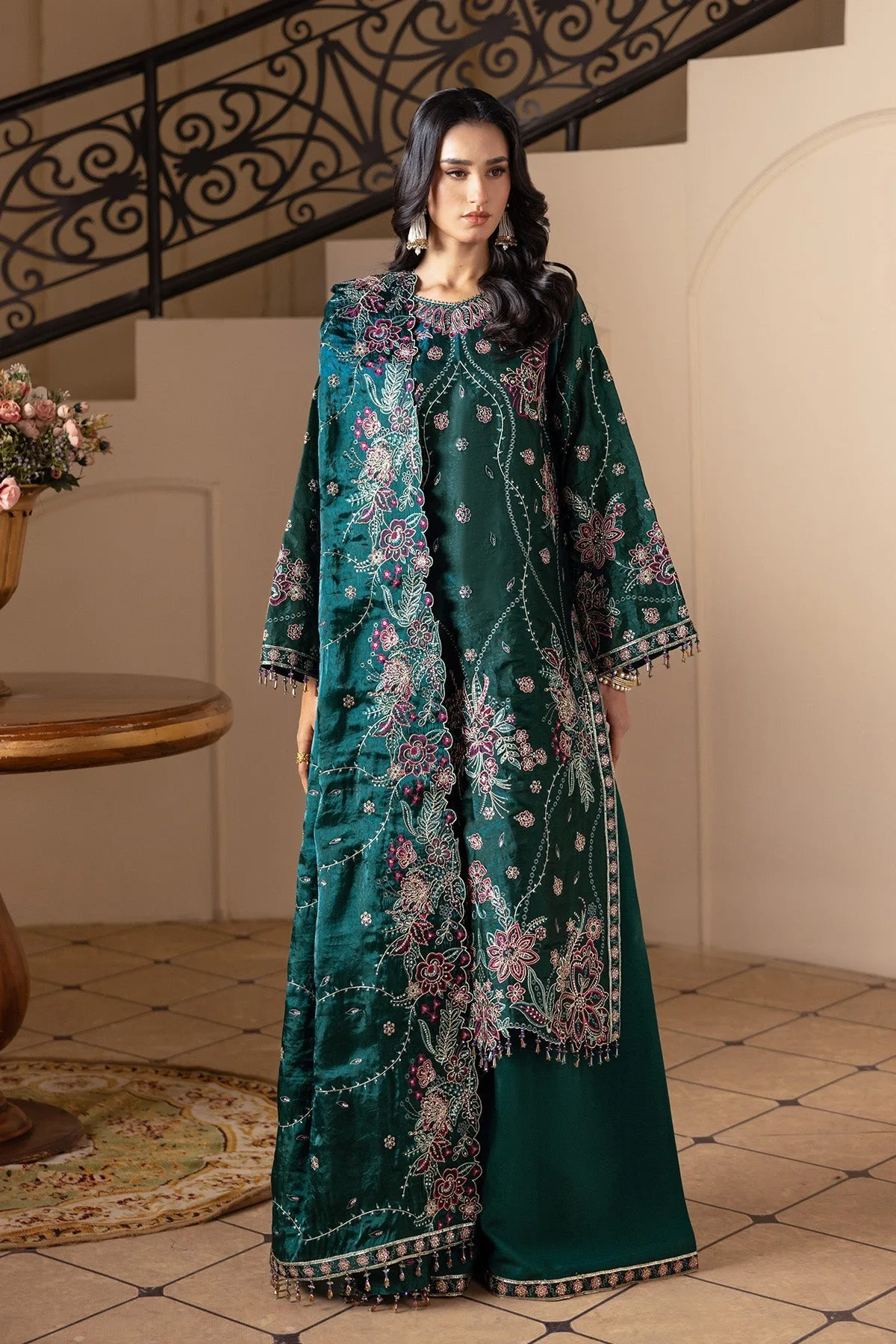 Teal green silk long shirt with subtle embroidery – view 4 – Poshaq