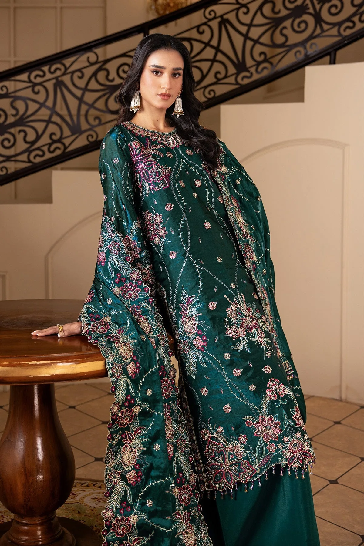 Teal green silk long shirt with subtle embroidery – view 6 – Poshaq