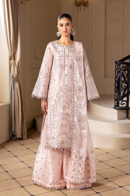 pale pink formal organza dress with subtle embroidery – view 1 – Poshaq