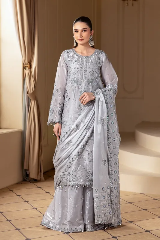 Pastel gray organza suit with silk detailing and grip trousers – view 1 – Poshaq