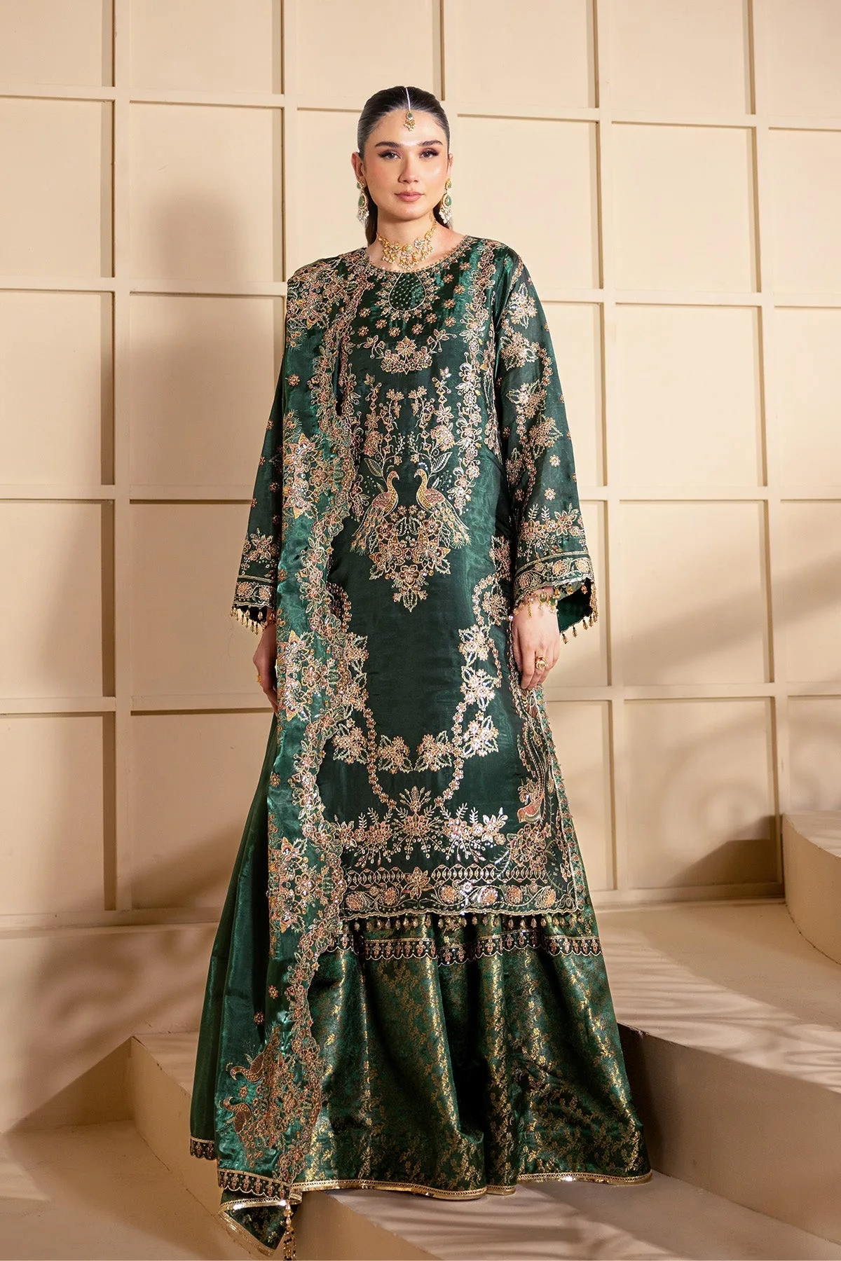 Bottle green silk jumpsuit with subtle embroidery – view 1 – Poshaq