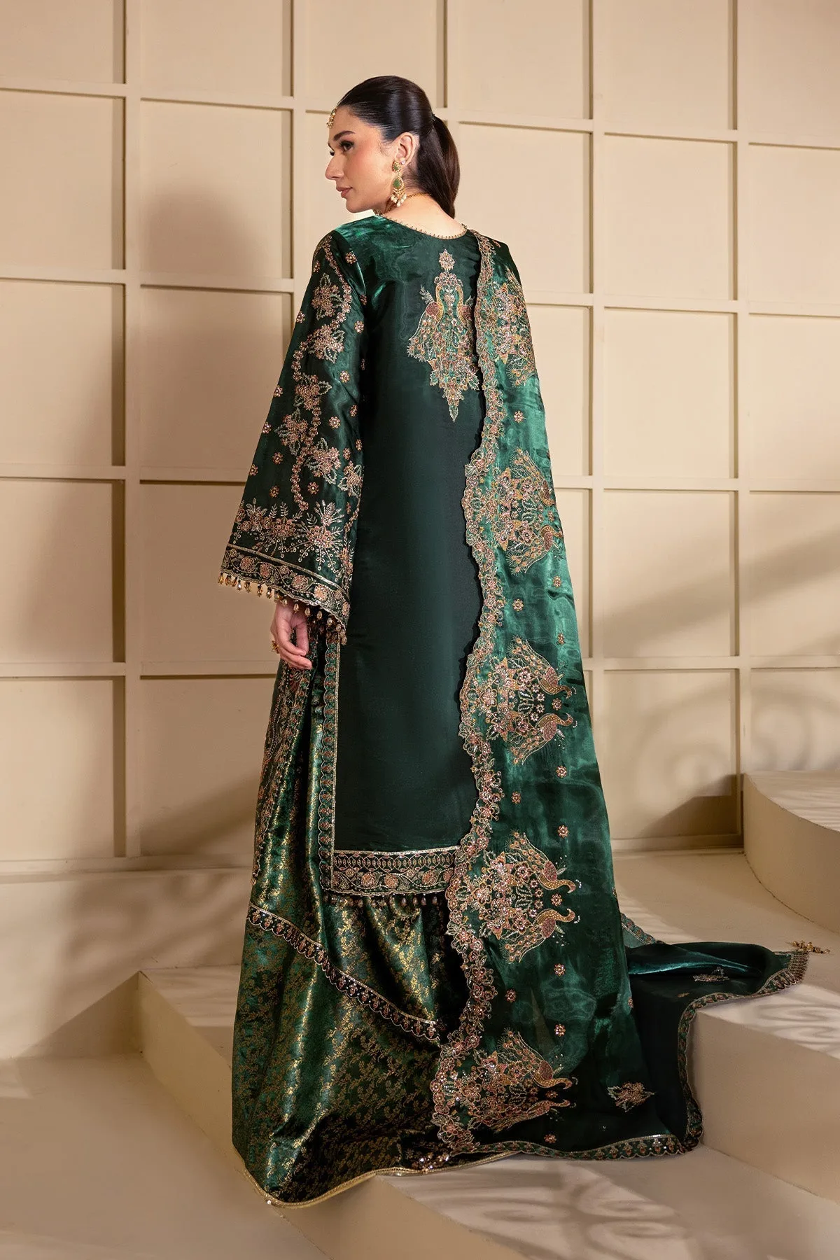 Bottle green silk jumpsuit with subtle embroidery – view 2 – Poshaq