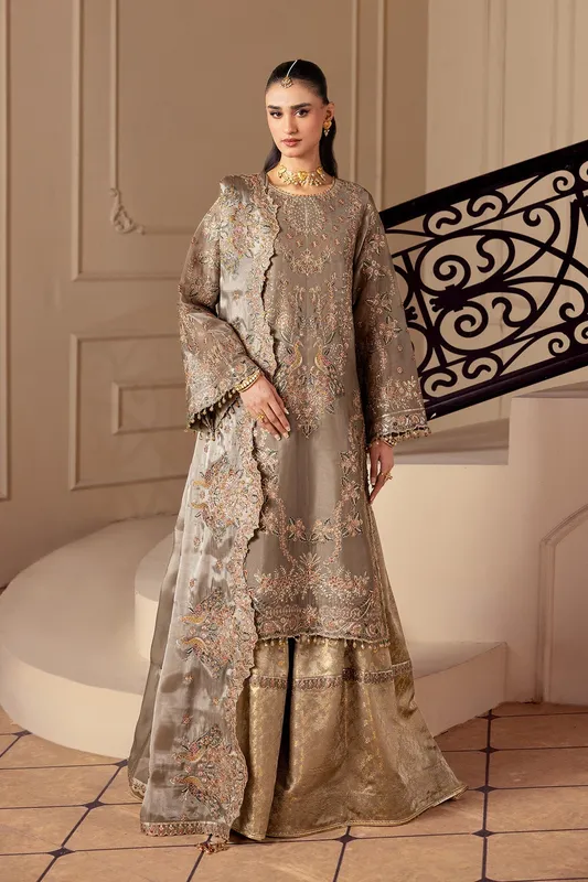 Gold silk three‑piece suit with embroidered jacket, trousers and dupatta – view 1 – Poshaq