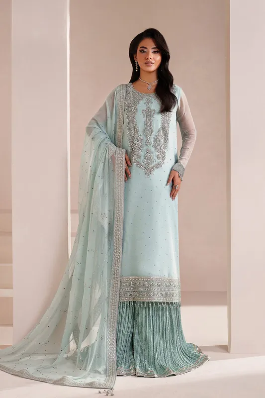 Ice blue silk suit with organza panel and subtle embroidery – view 1 – Poshaq