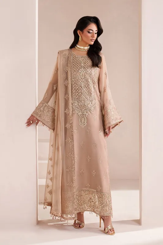 Rose gold silk three‑piece formal suit with organza‑trimmed shirt – view 1 – Poshaq