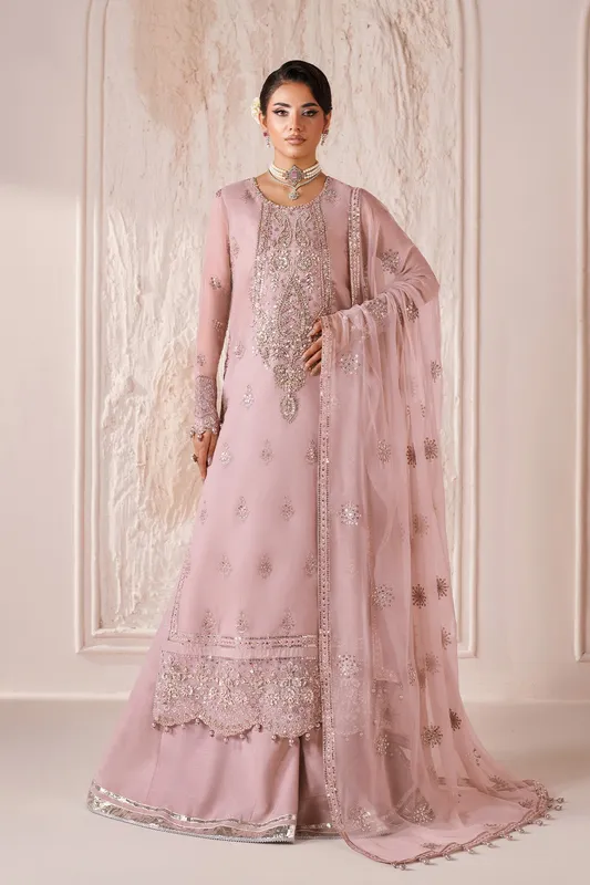 Pink silk formal set with organza neckline and raw silk trousers – view 1 – Poshaq
