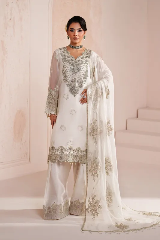 Off white silk formal shirt and trousers with organza neckline and tassel trim – view 1 – Poshaq