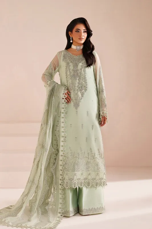 mint green long shirt with organza front patch and chiffon dupatta – view 1 – Poshaq