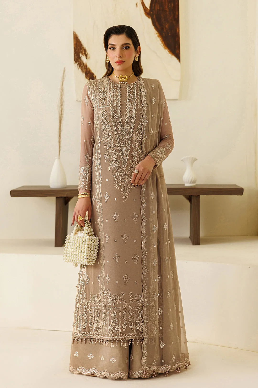 Coffee chiffon three‑piece suit with embroidered dupatta – view 1 – Poshaq
