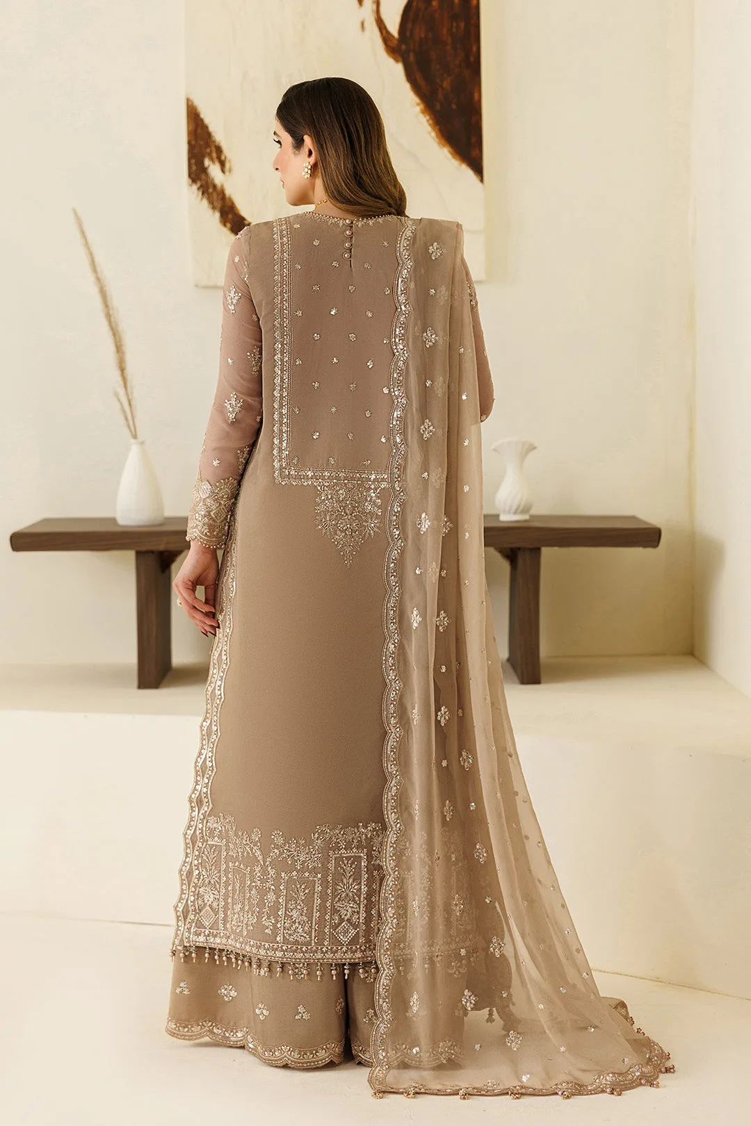 Coffee chiffon three‑piece suit with embroidered dupatta – view 2 – Poshaq