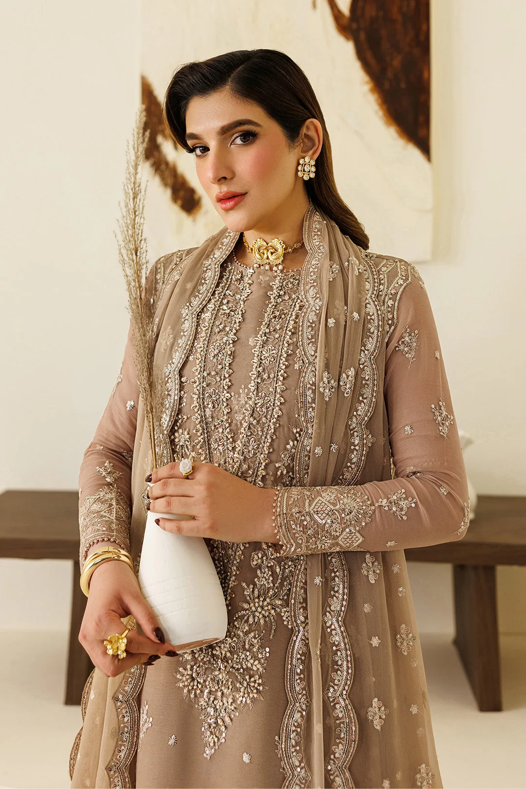 Coffee chiffon three‑piece suit with embroidered dupatta – view 3 – Poshaq