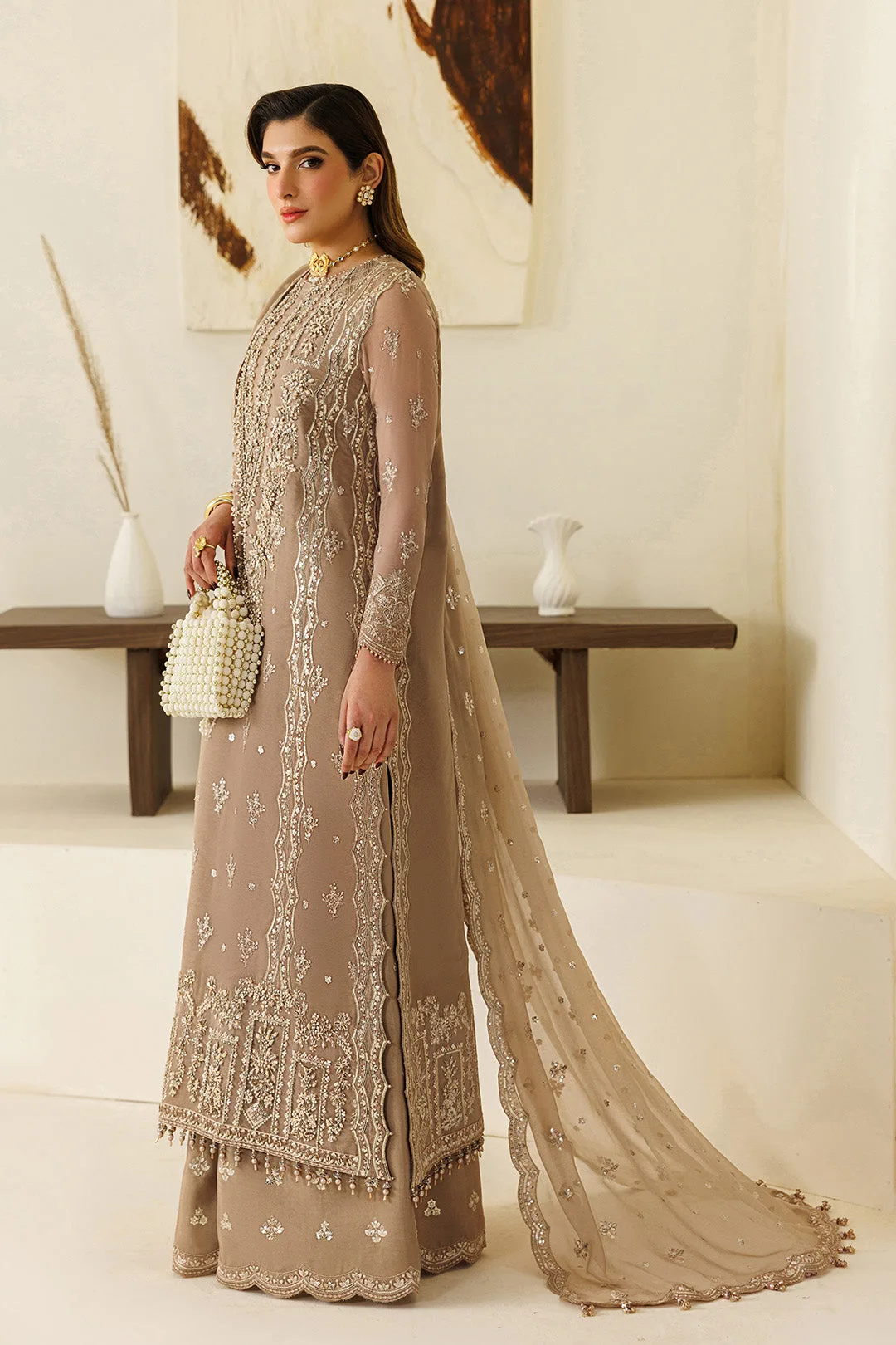 Coffee chiffon three‑piece suit with embroidered dupatta – view 4 – Poshaq