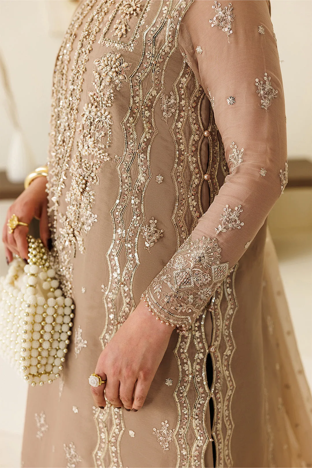 Coffee chiffon three‑piece suit with embroidered dupatta – view 5 – Poshaq