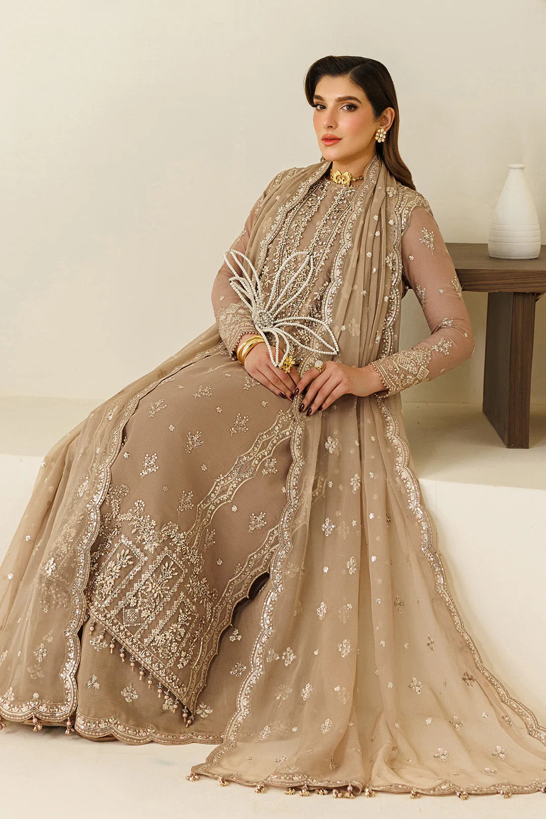 Coffee chiffon three‑piece suit with embroidered dupatta – view 6 – Poshaq