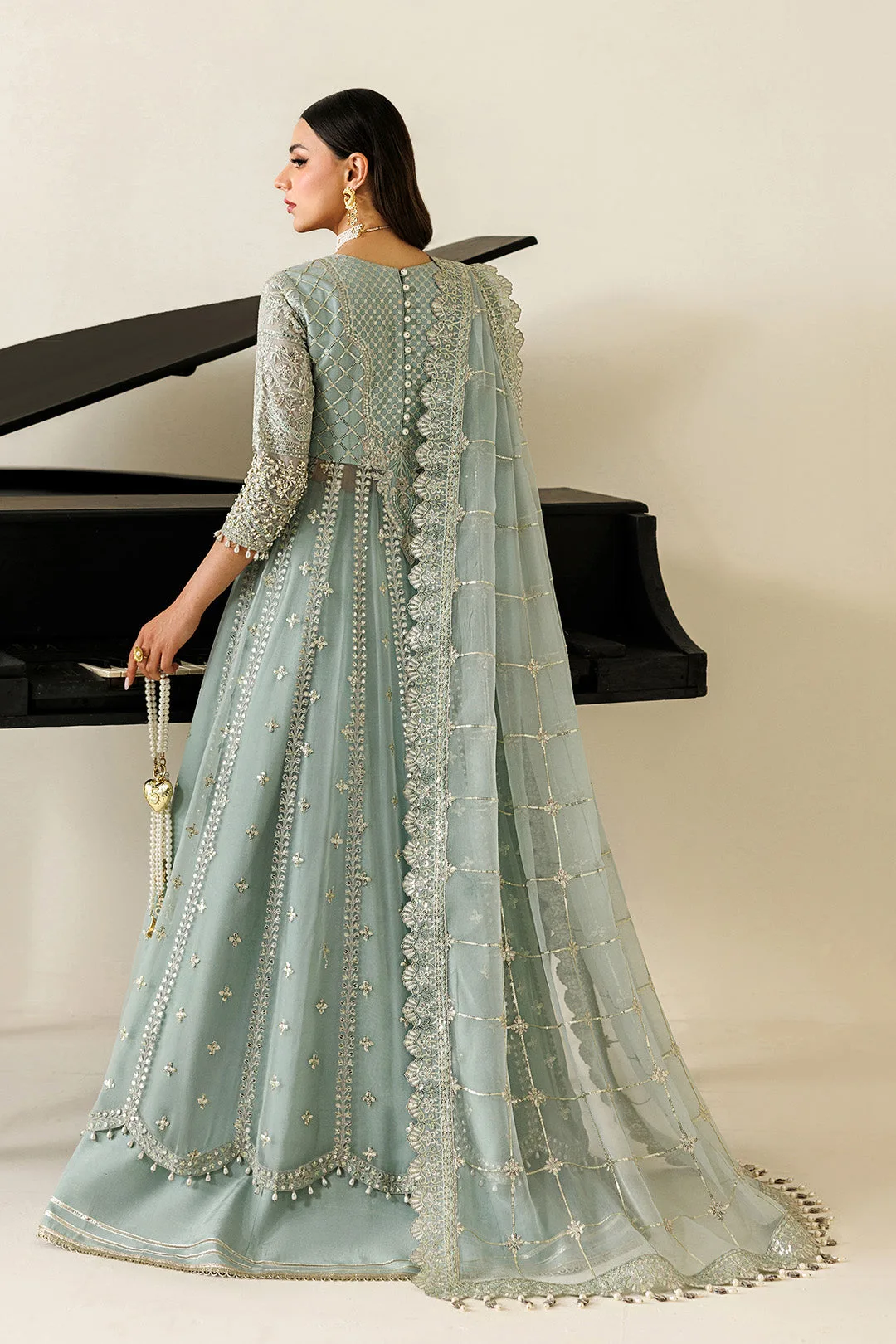 Ice Blue chiffon dress with subtle organza detailing – view 2 – Poshaq