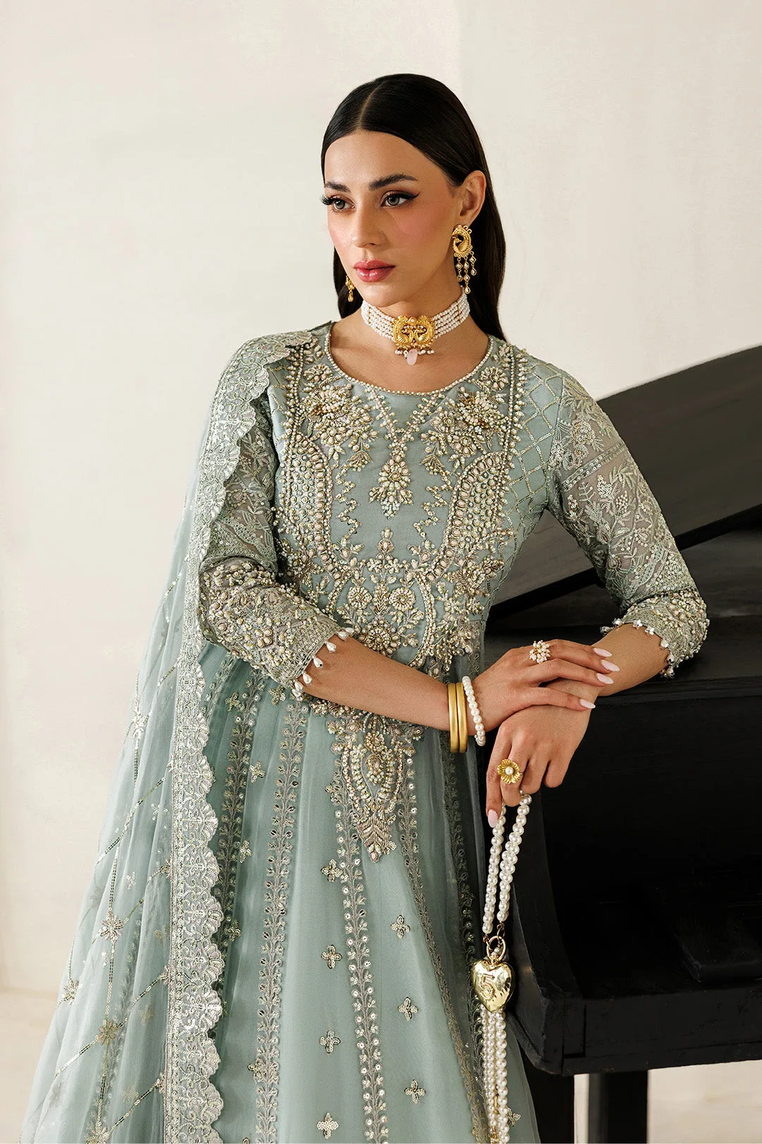 Ice Blue chiffon dress with subtle organza detailing – view 3 – Poshaq