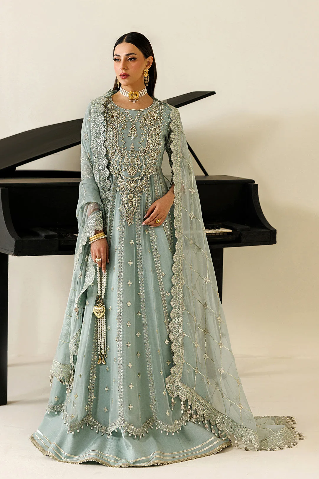 Ice Blue chiffon dress with subtle organza detailing – view 4 – Poshaq