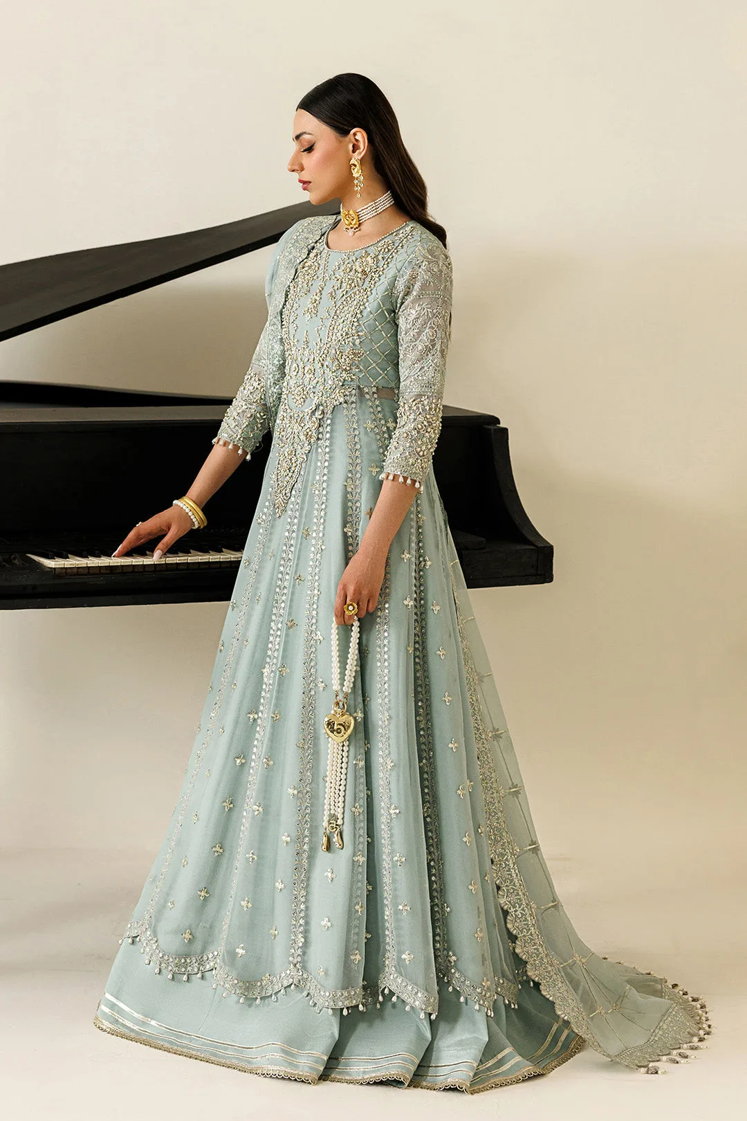 Ice Blue chiffon dress with subtle organza detailing – view 5 – Poshaq
