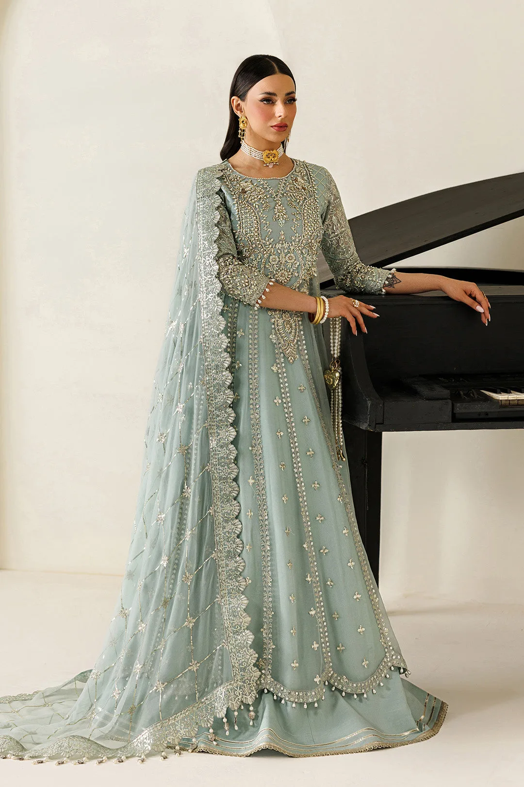 Ice Blue chiffon dress with subtle organza detailing – view 6 – Poshaq