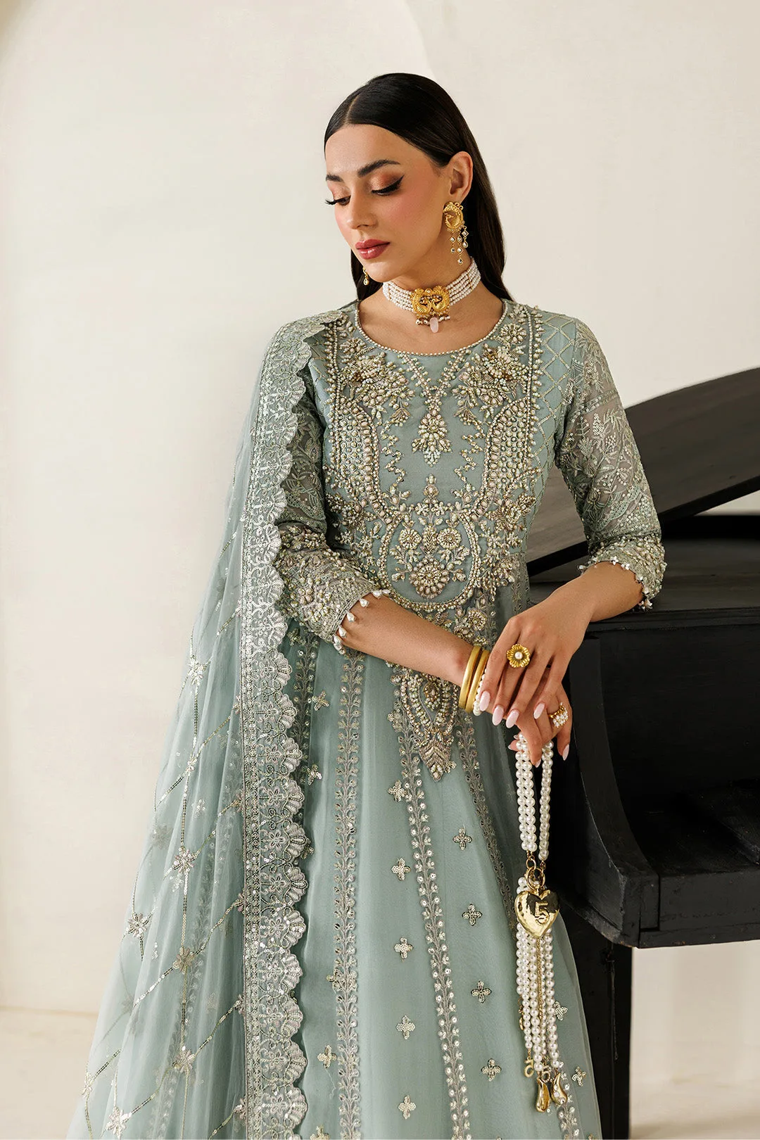 Ice Blue chiffon dress with subtle organza detailing – view 7 – Poshaq