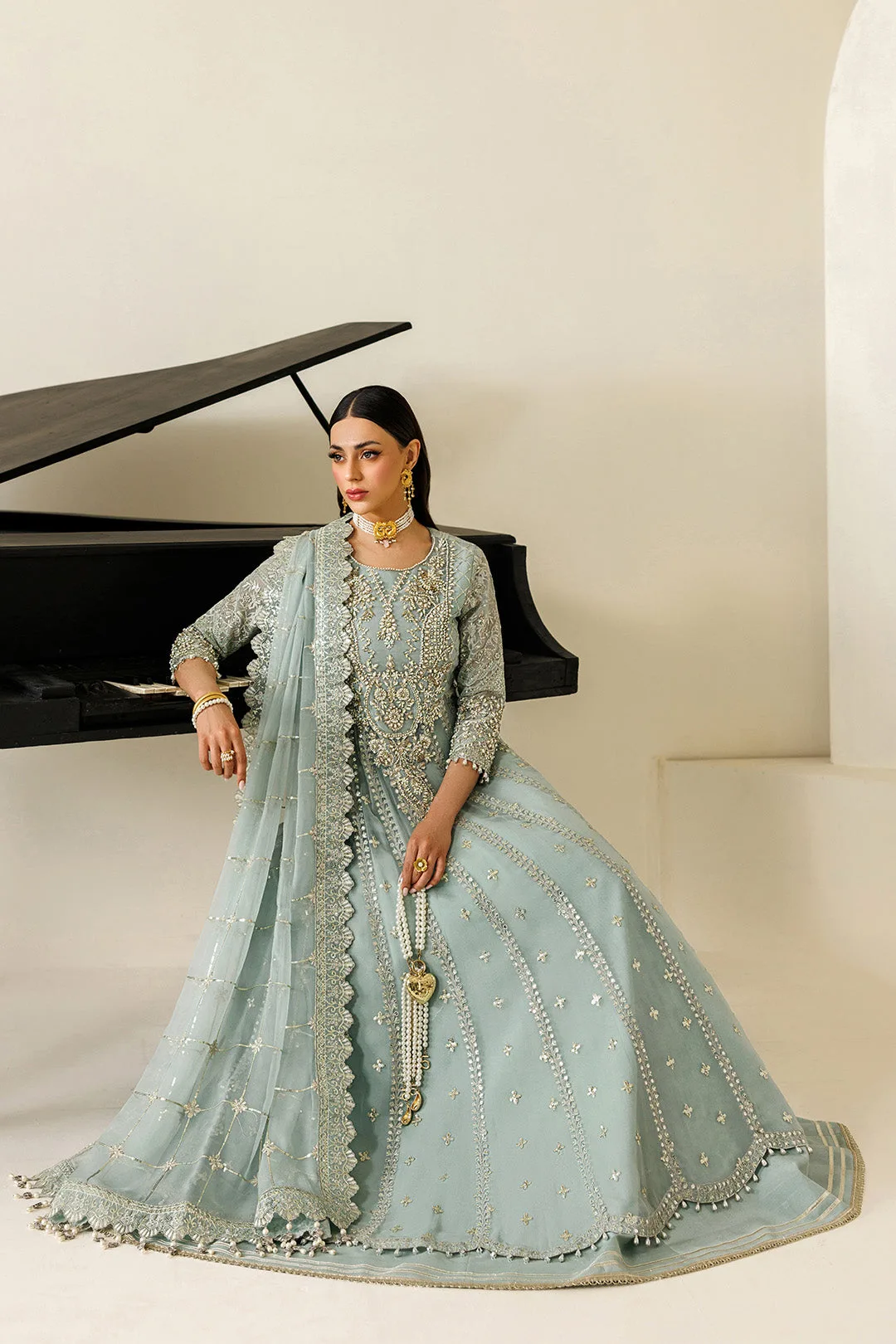Ice Blue chiffon dress with subtle organza detailing – view 8 – Poshaq