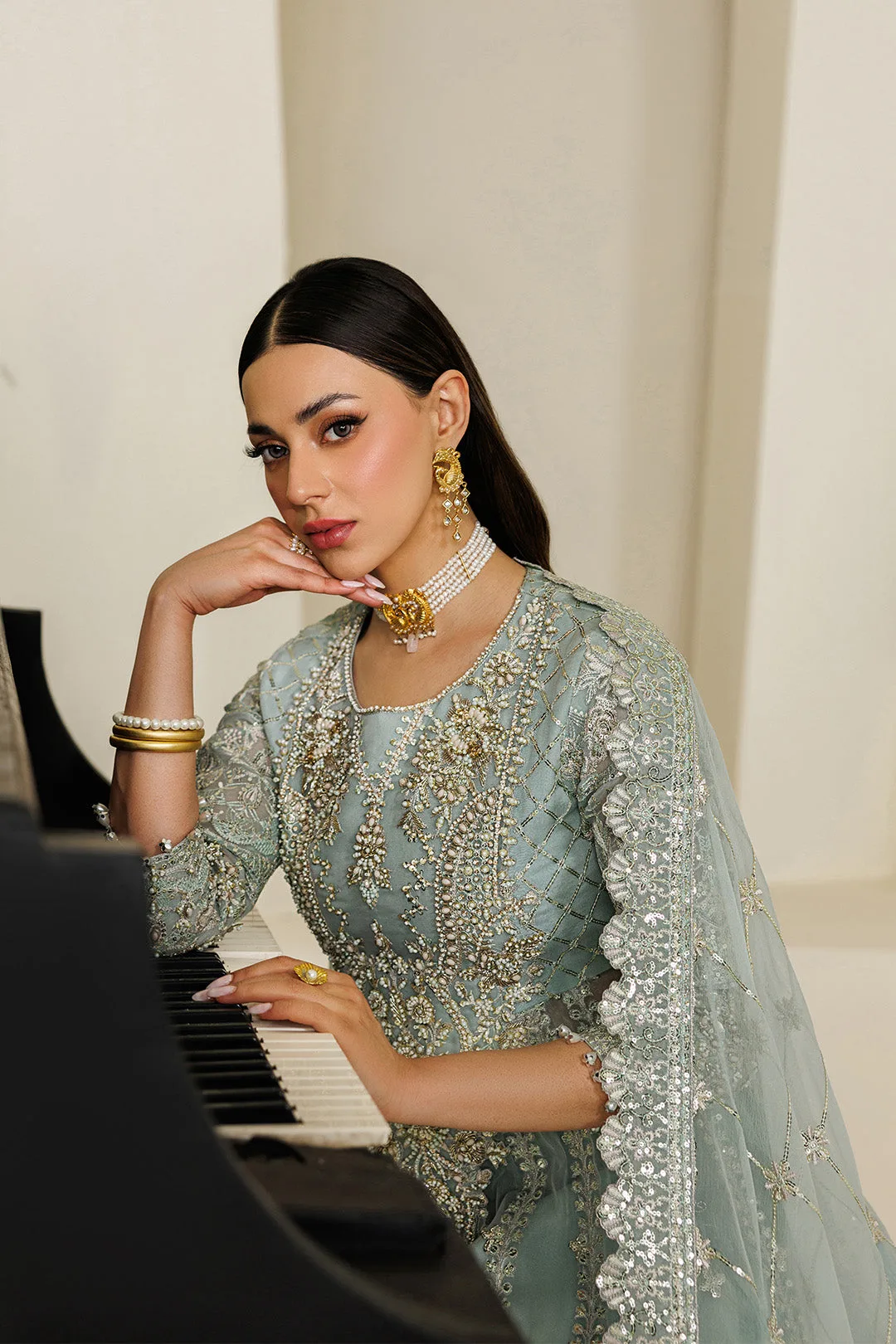 Ice Blue chiffon dress with subtle organza detailing – view 9 – Poshaq